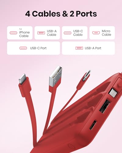 Portable Charger Power Bank, External Battery Pack with Cords Wires, Light 10000mAh Travel Essentials Battery Bank 5 Outputs 2 Inputs LED Display