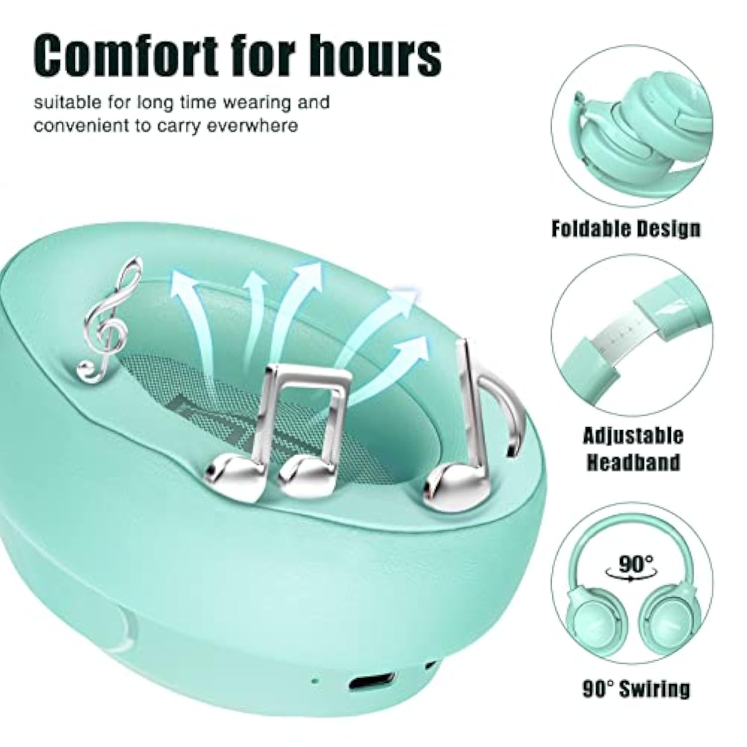 Bluetooth Wireless Headphones Over Ear, 65H Playtime And 6 Eq Music Modes With Microphone,Hifi Stereo Foldable Lightweight Headset, Deep Bass For Home Office Cellphone Pc Etc.(Green)