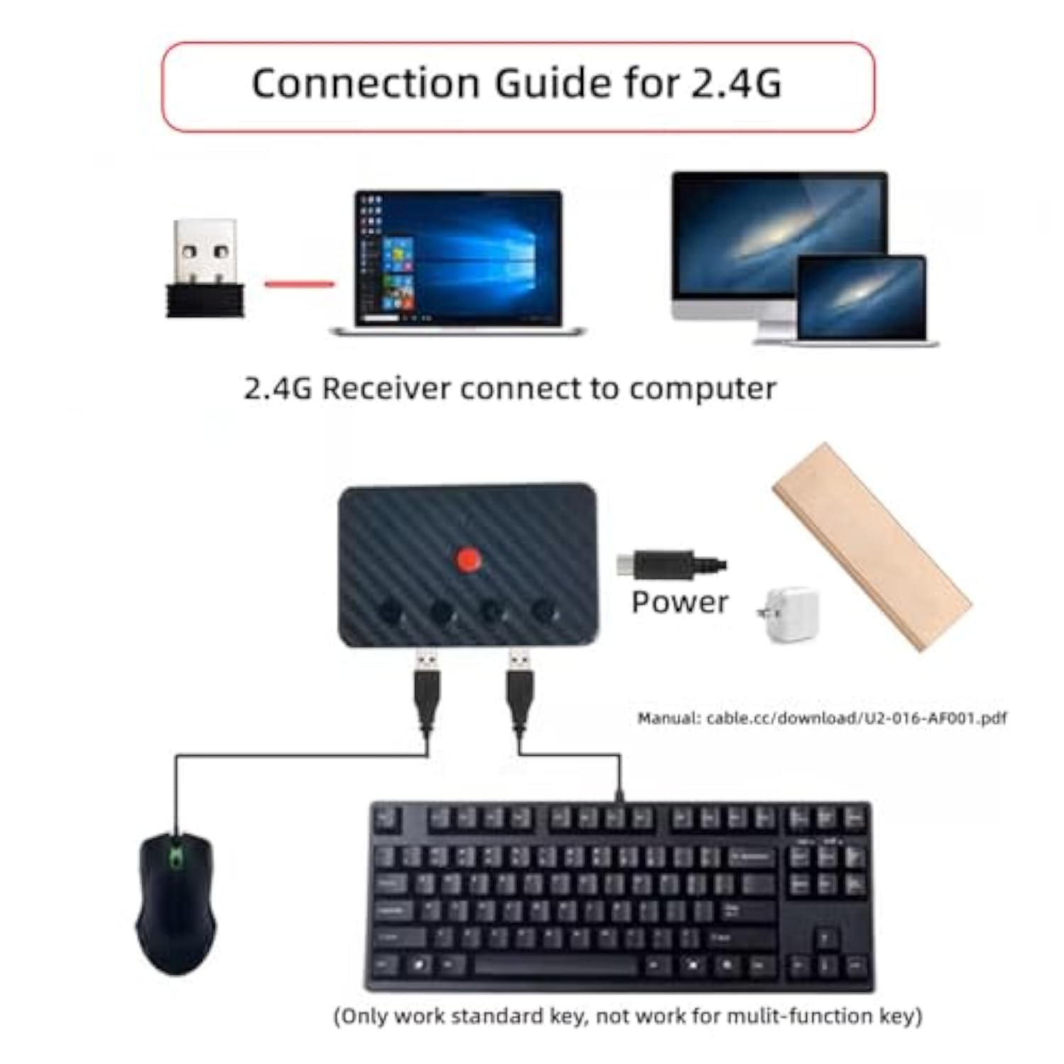 xiwai USB Wired Mouse and Keyboard Convert to Wireless 2.4G Bluetooth(BT) Converter with Receiver USB Switch Selector Type-C Power for Tablet Phone Laptop