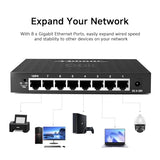 8 Port Gigabit Ethernet Switch, Desktop Ethernet Splitter, One-Key Vlan, Independent Uplink Port, Plastic Case, Unmanaged Network Switch, Plug & Play, Fanless Quiet (Txe210)