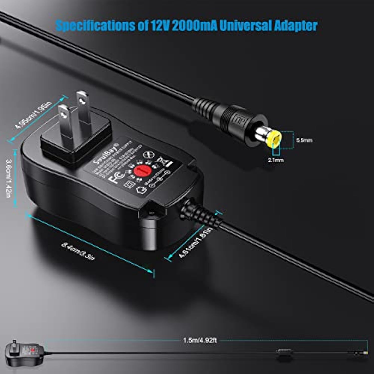 24W Universal Ac/Dc Adapter 12V 9V 7.5V 6V 5V 4.5V 3V Regulated Switching Power Supply With 8 Selectable Plugs For Led Strip Light Camera Keyboard Speaker Scale Recorder Massager, 2A Output