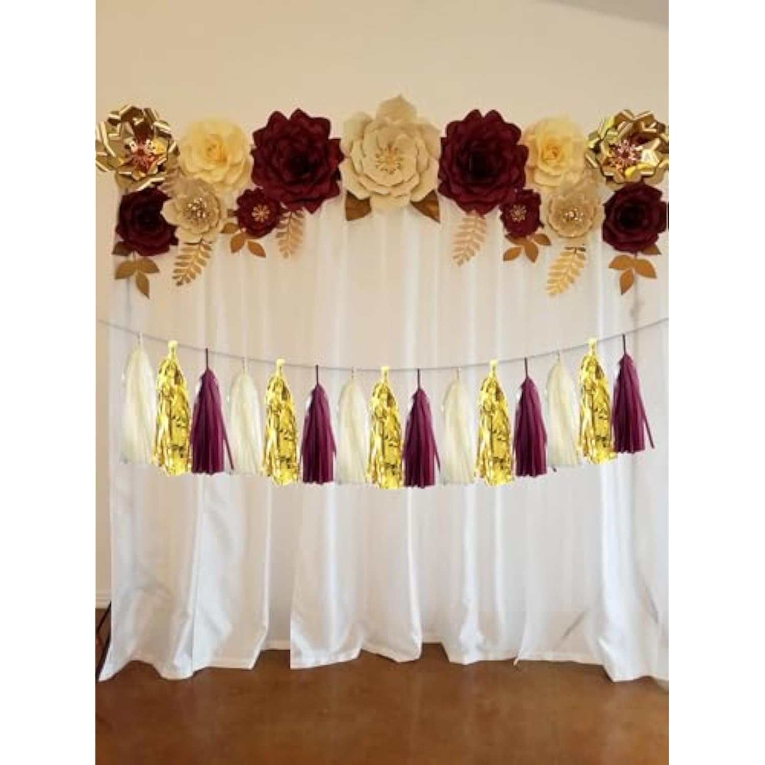 15Pcs Burgundy Maroon Gold Beige Party Tissue Tassel Garland Hanging Banner Streamers Graduation Fall Bridal Baby Shower Wedding Birthday Nursery Classroom Décor