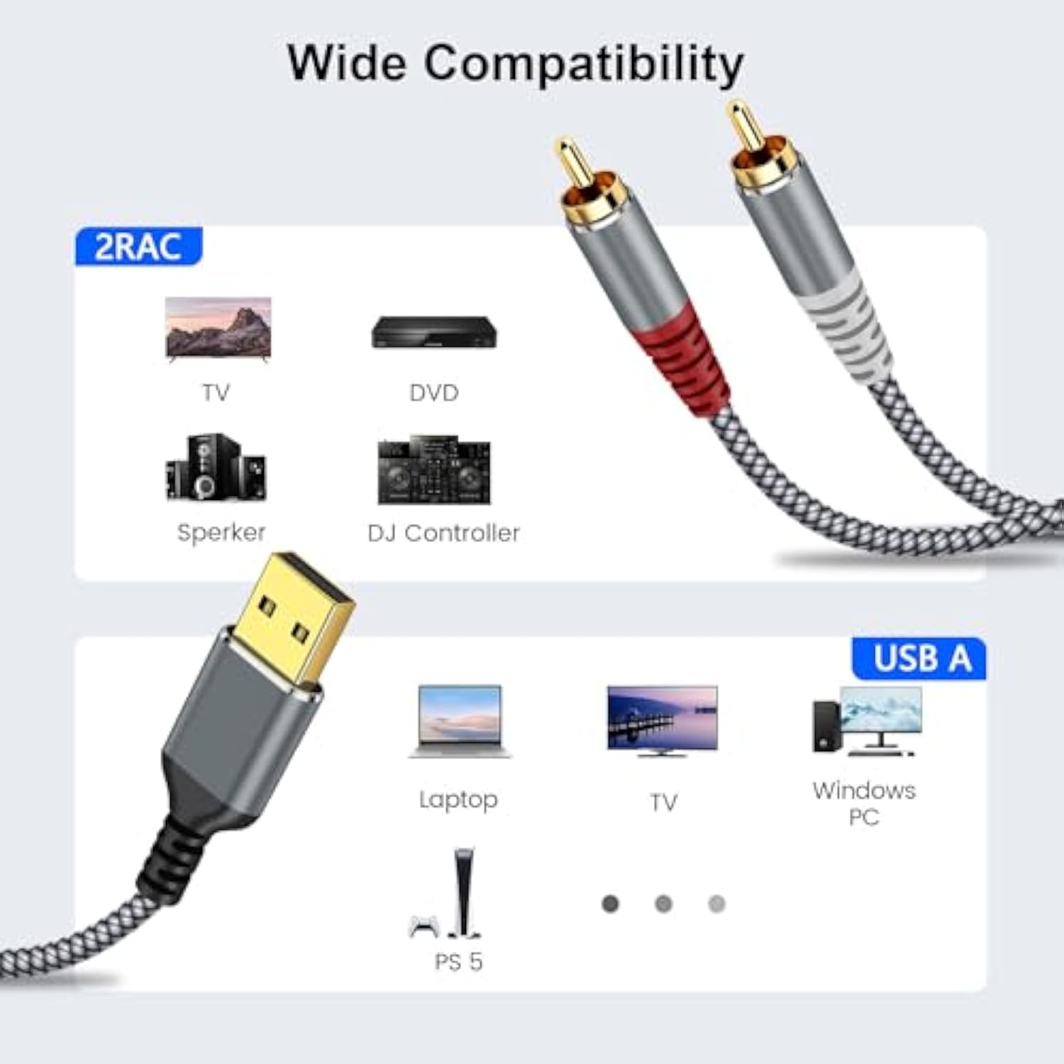 Compatible With Usb To Rca Audio Cable, 4Ft Usb To 2Rca Male Stereo Y Splitter Adapter For Usb A Laptop, Linux, Windows, Desktops, Ps4 And Amplifiers, Home Theater, Speaker