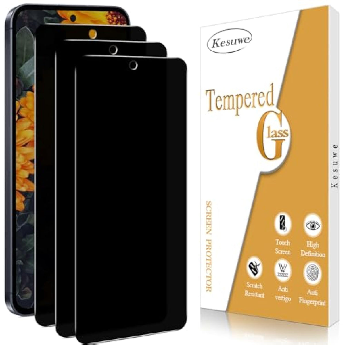 [3 Pack] Privacy Screen Protector For Samsung Galaxy A55 5G, Anti Scratch, 9H Hardness, Ultra Resistant, Bubble Free, Case Friendly, Easy Installation- Black