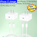 2-Pack Usb-C Fast Charger For Iphone 17, 20W Wall Charger, Comes With A 4-Foot Type-C Charging Cable, Compatible With Iphone 17/16/16 Plus/16 Pro/16 Pro Max/Iphone 15/15 Pro Max/Ipad Pro/Airpods.