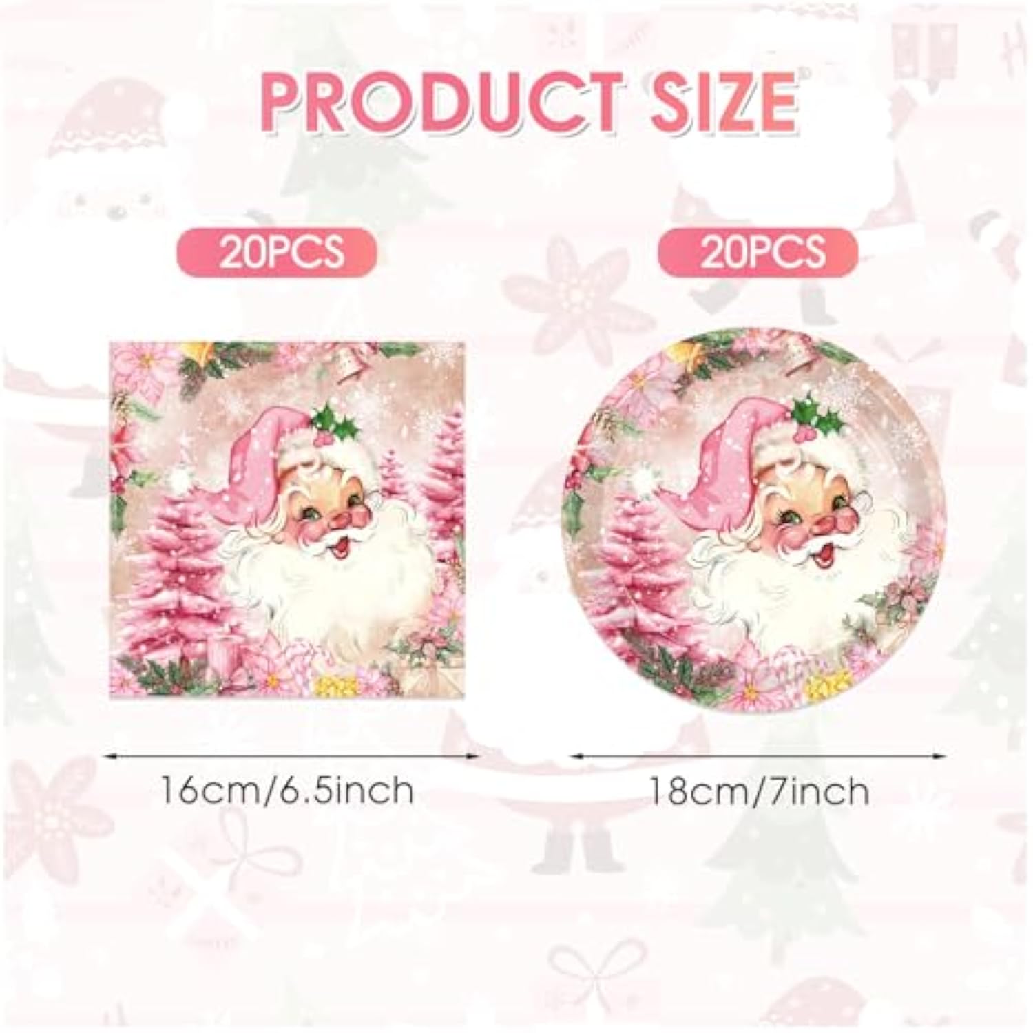 40 Pcs Merry Christmas Plates And Napkins Sets Cute Winter Christmas Round Disposable Tableware Pink Chrismas Paper Plates And Napkins For Holiday Xmas Theme Party Supplies Table Decor, Serves 20