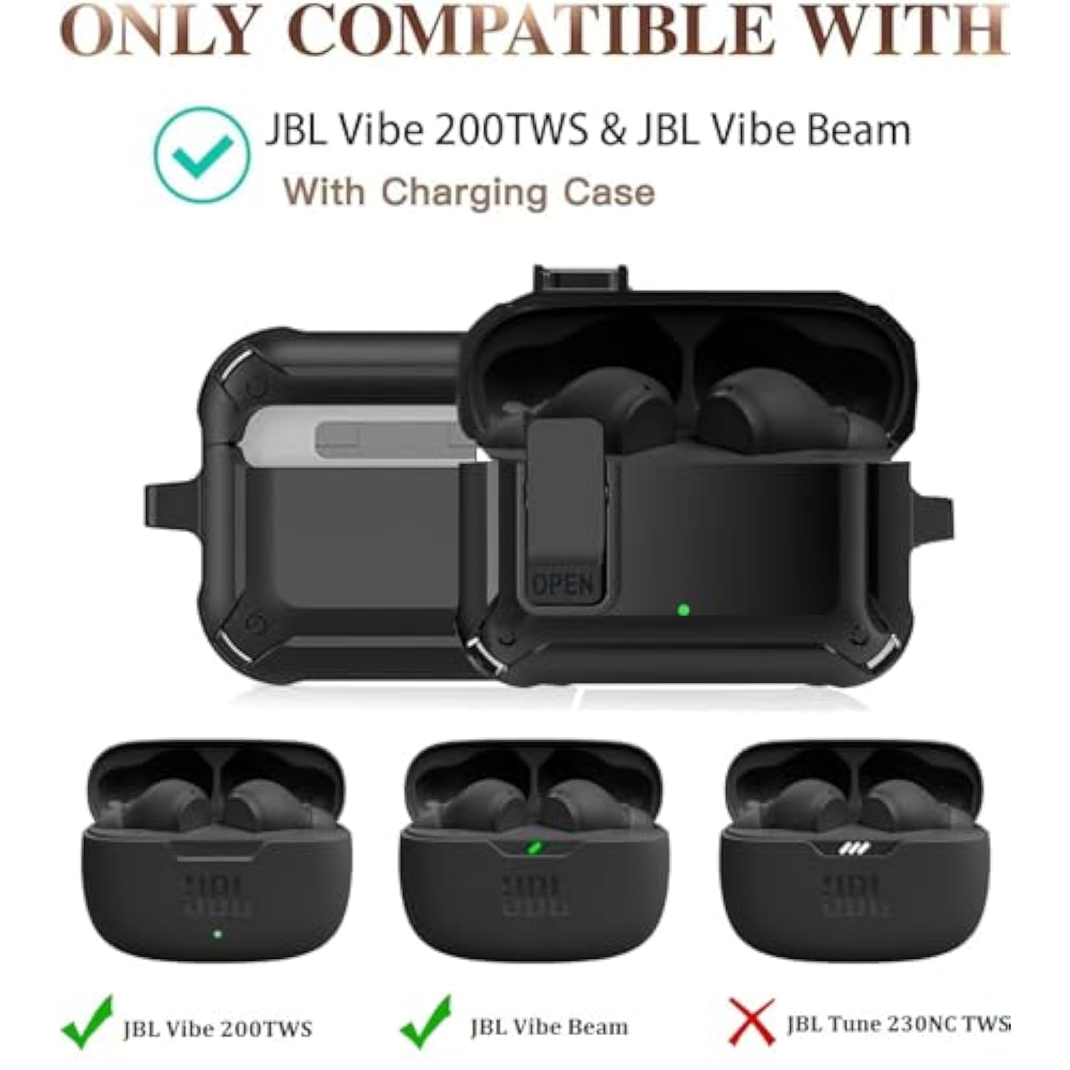 Compatible With Jbl Vibe 200Tws/Jbl Vibe Beam Case Cover Lock Clip With Cleaner Kit,Cool Protective Cover Men Women With Carabiner For Jbl Vibe Beam 2 Charging Case - Black