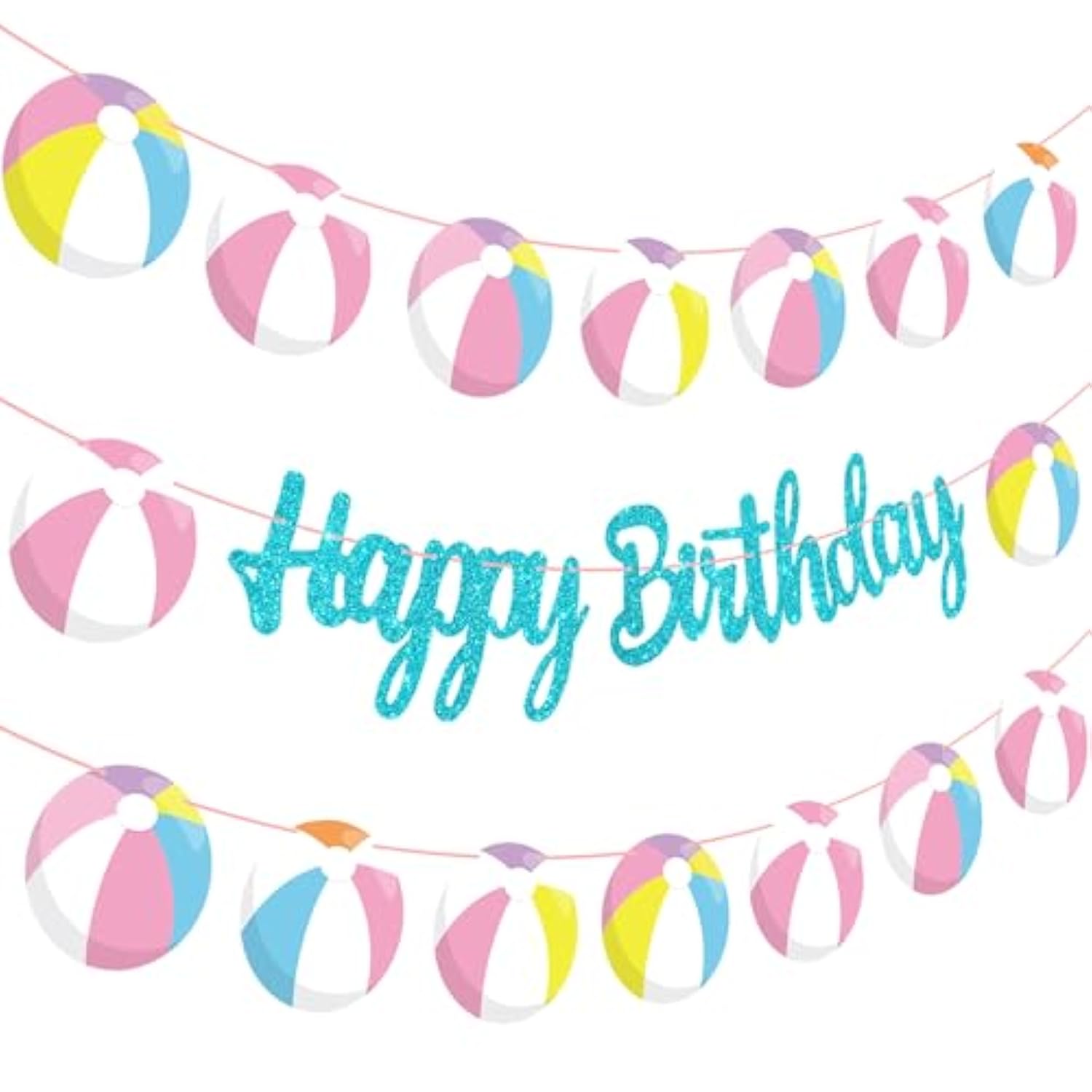 Beach Ball Happy Birthday Banners Glitter Blue Hawaiian Beach Pool Party Decorations Pink Pool Birthday Banner Summer Theme Party Decor For Girls Hawaii Holiday Baby Shower Supplies