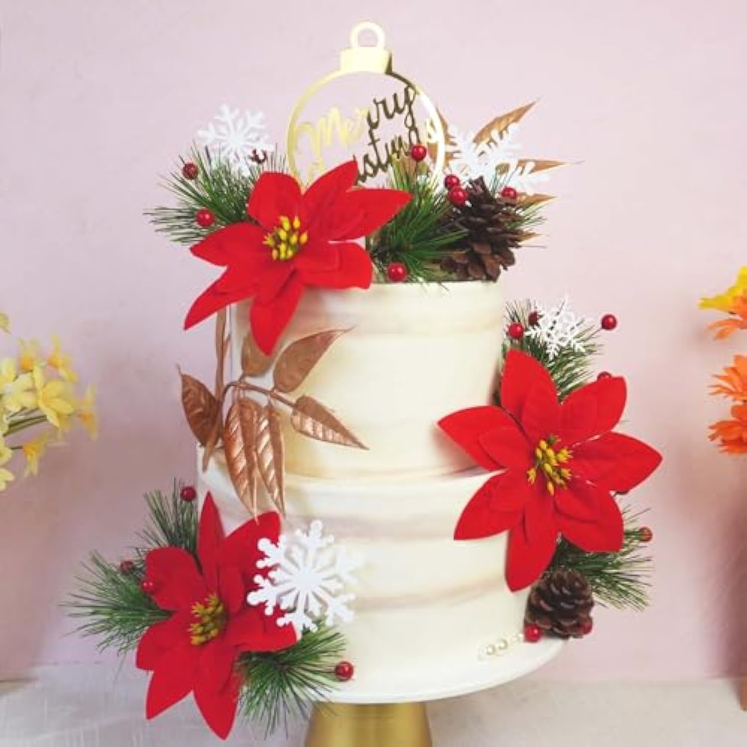 Merry Christmas Cake Topper with Pine Needles, Berries, and Flowers
