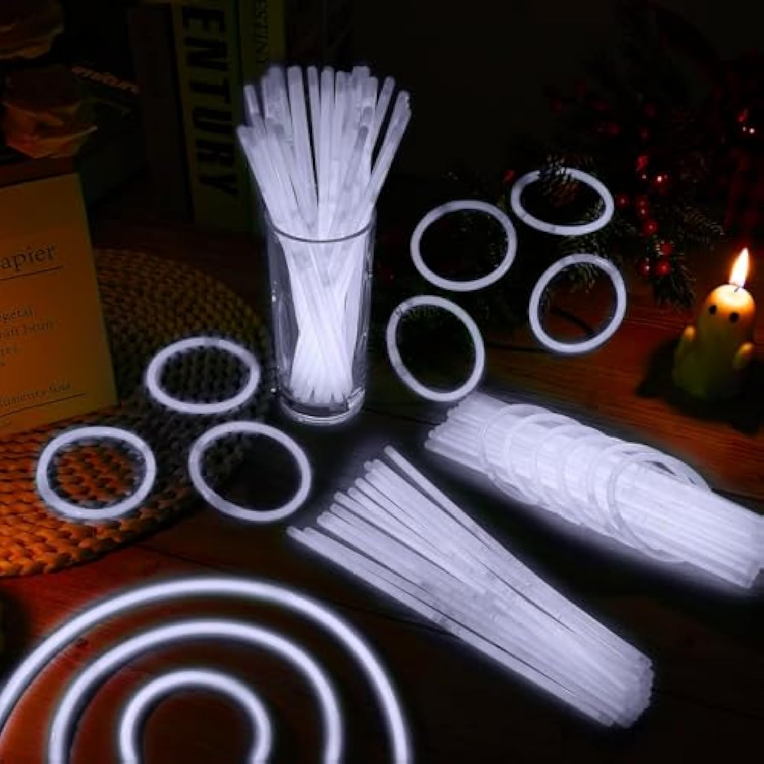 60pc 8in White Glow Sticks with Connectors Neon Party Favors Bulk