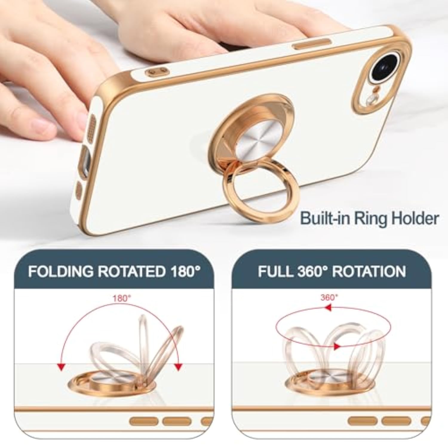 iPhone 16e Case with Rotatable Ring Holder and Rose Gold Edge, 6.1" Soft Protective Cover, White