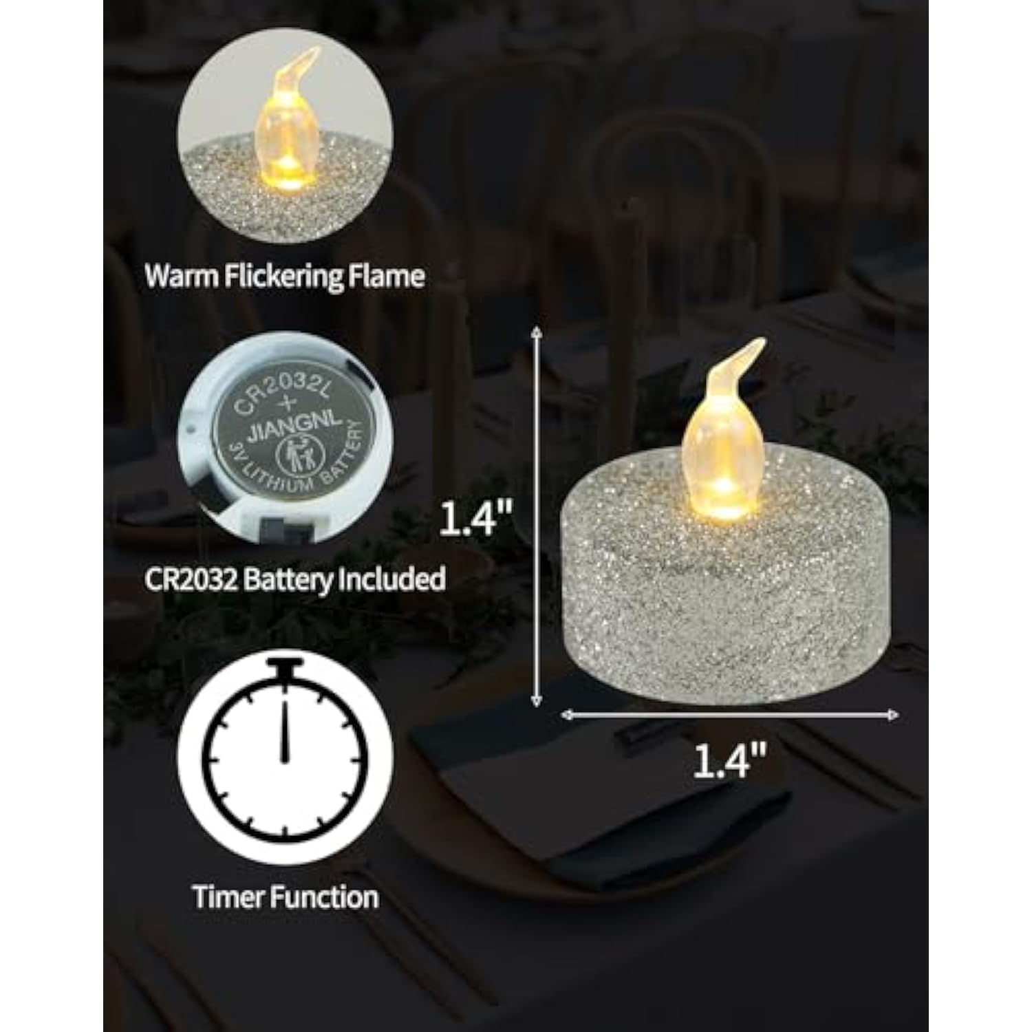 Silver Tea Lights With Timer, Glitter Battery Operated Tealights For Event, Christmas Decorations,Anniversary,Wedding, Built-In 6 Hours,12 Pack