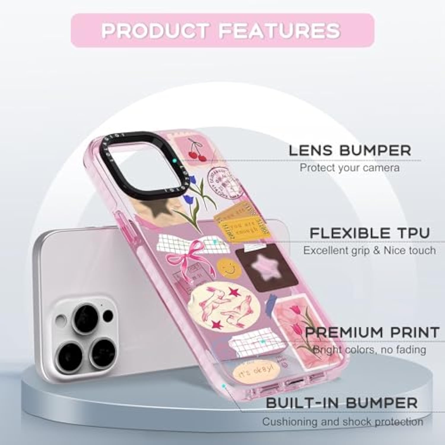 Case For Iphone 16 Pro, Cute Pink Art Collage Print Kawaii Design Girly Aesthetic Cartoon Pattern For Women Girls Teens Soft Tpu Phone Case,6.3"