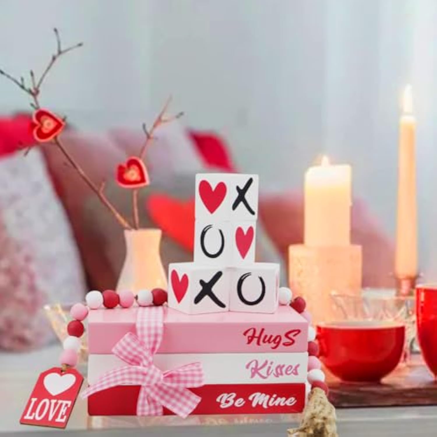 Valentines Day Decor,8 Pcs Valentines Day Tiered Tray Decor Book Stacks Wood Signs, Hug Xoxo Kiss Decorative Books Bundle, Coffee Table, Fireplace Mantel, Shelf - Farmhouse Valentine Decor Indoor