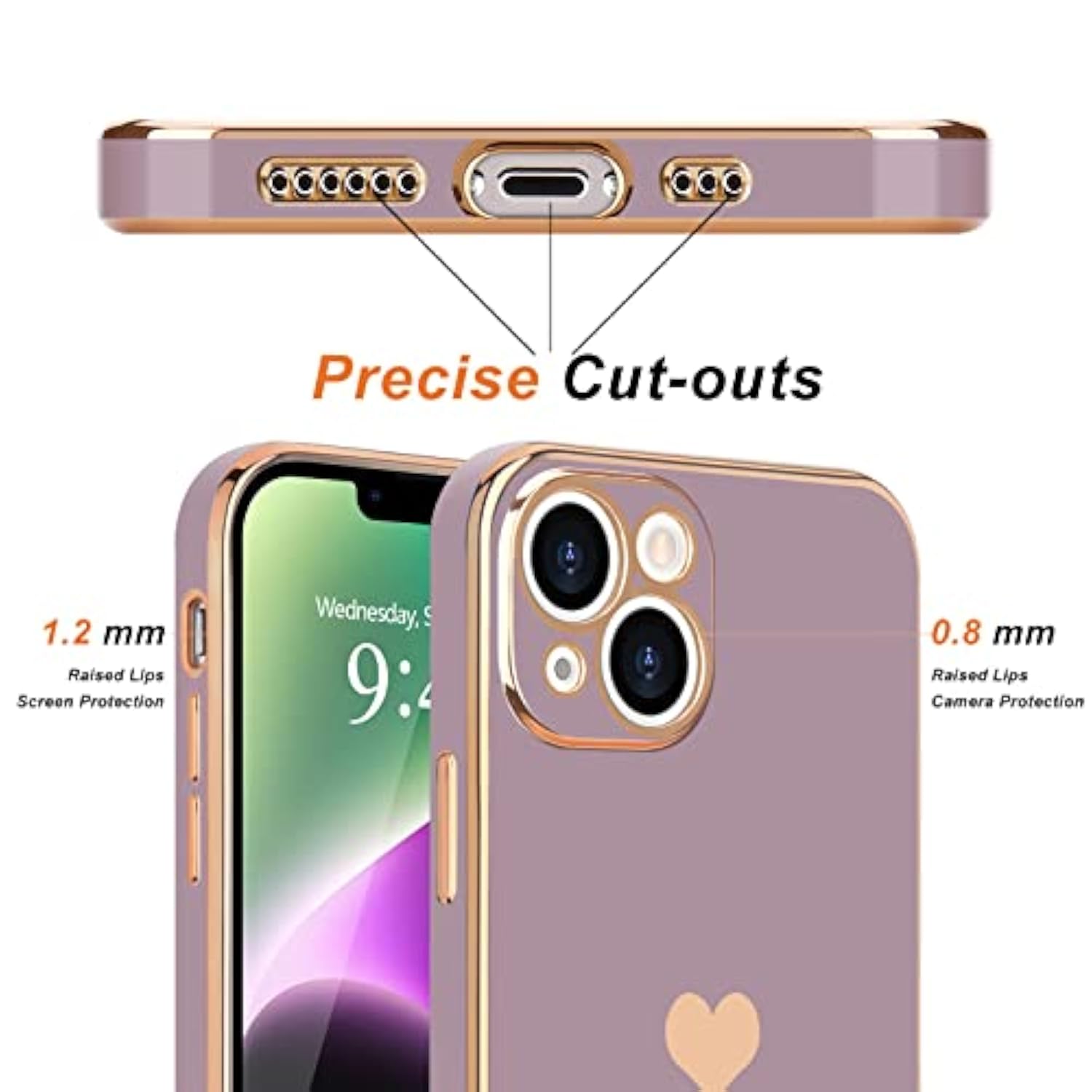 For Iphone 14 Plus Case For Women Girl Cute Love Heart Luxury Plating Soft Bling Back Cover Raised Full Camera Protection Bumper Silicone Shockproof Phone Case For Iphone 14 Plus, Lavender