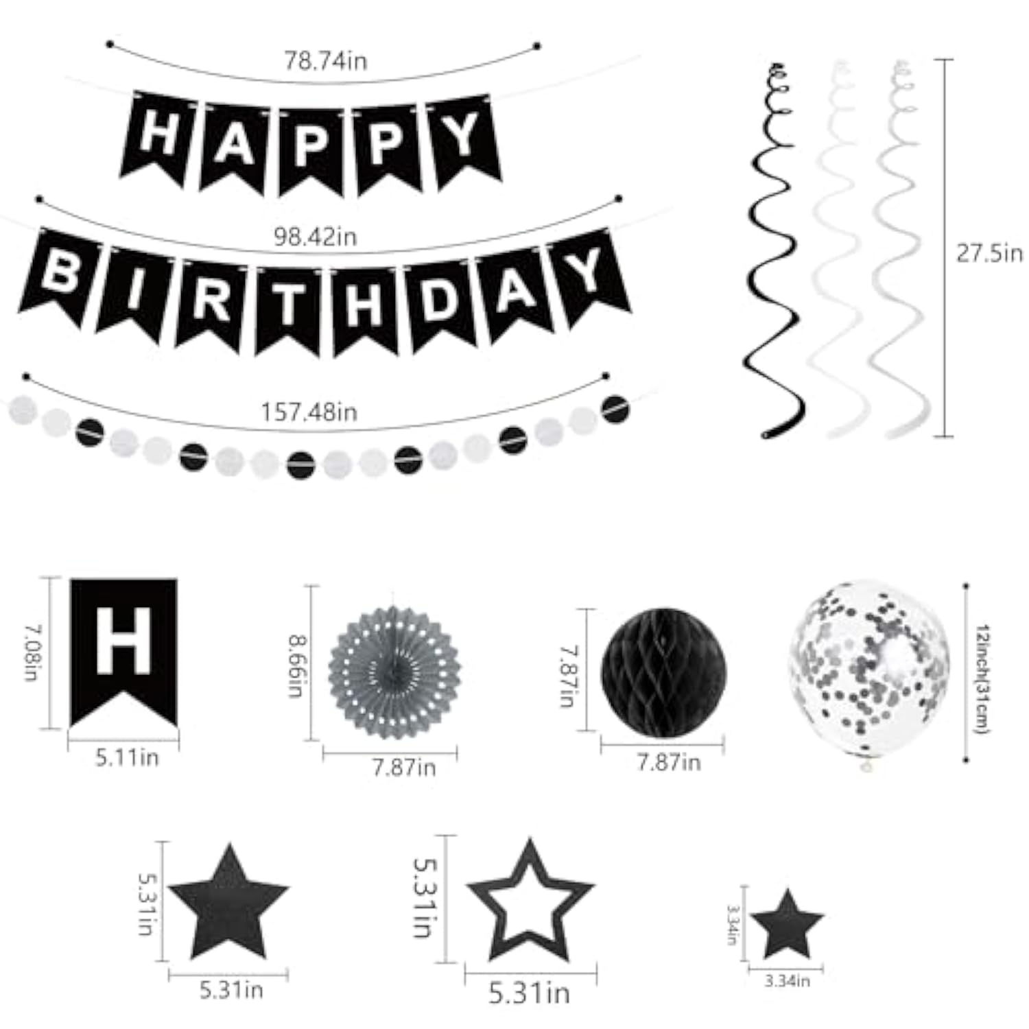 Birthday Decorations Black Happy Birthday Banner Black Balloons Stars Hanging Swirl Streamers 59Pcs Birthday Party Decorations For Men Women Party Supplies