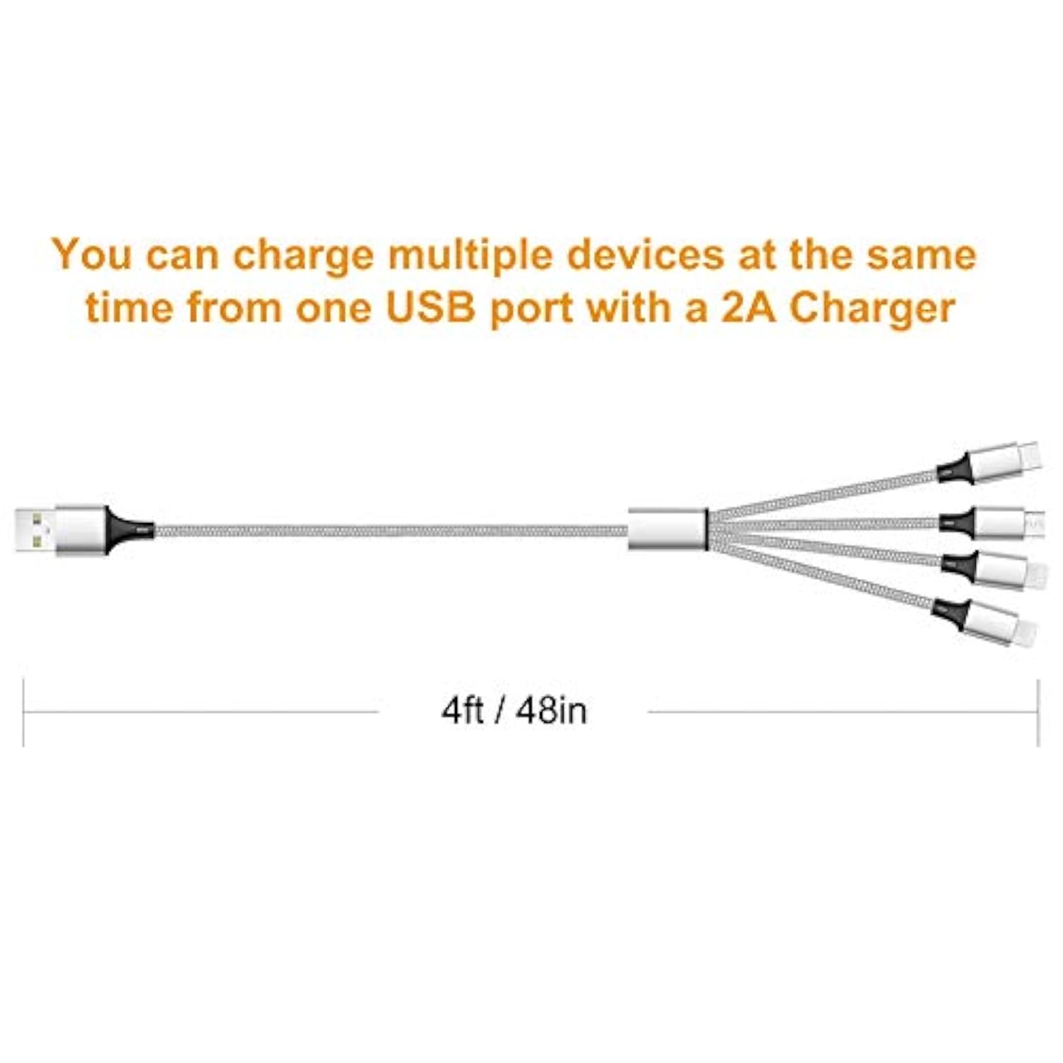 Multi Charging Cable, Multi Usb Cable 2Pack 4Ft Universal 4 In 1 Multiple Usb