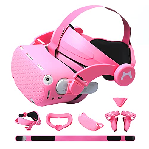 Vr Adjustable Head Strap For Oculus Quest 2 Skins Cute Accessories With Silicone Touch Controller Grip Cover,Barbie Pink 6 In1 Vr Shell Protector Cover & Vr Face Cover Replacement Set