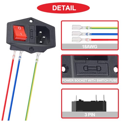 3Pcs Ac 10A 250V Rocker Switch Power Socket Inlet Module Plug, 3 Pin Iec320 C14 Male Power Switch With 6Pcs Mounting Screws,9Pcs 18 Awg Extension Cord,3Pcs Fuse