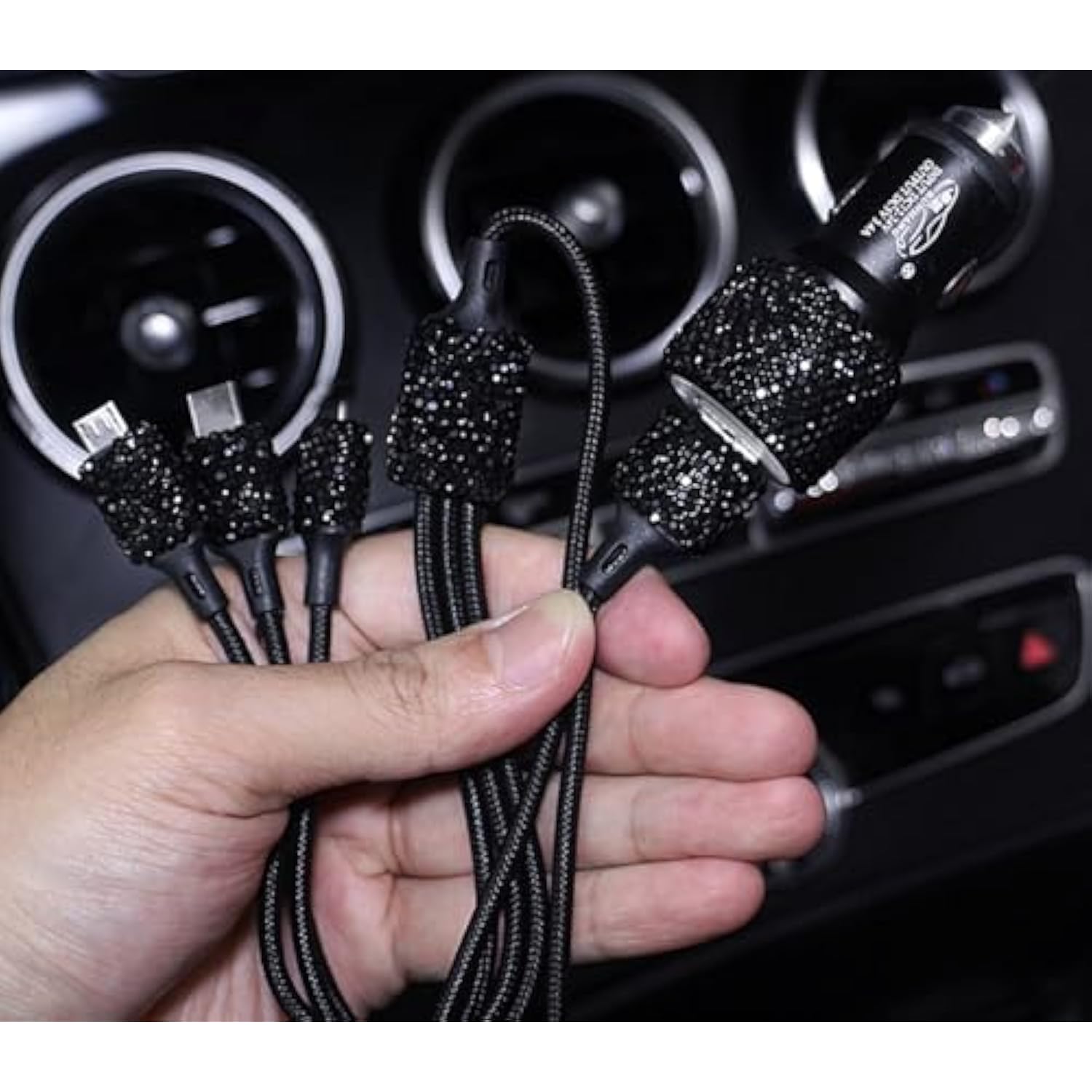 Bling Car Charger Accessories Set,Rhinestone Dual Usb Car Chargers + Bling 3 In1 Nylon Braided Charging Cable,Bling Crystal Decoration Car Accessories Kits For Girl And Women (Black)