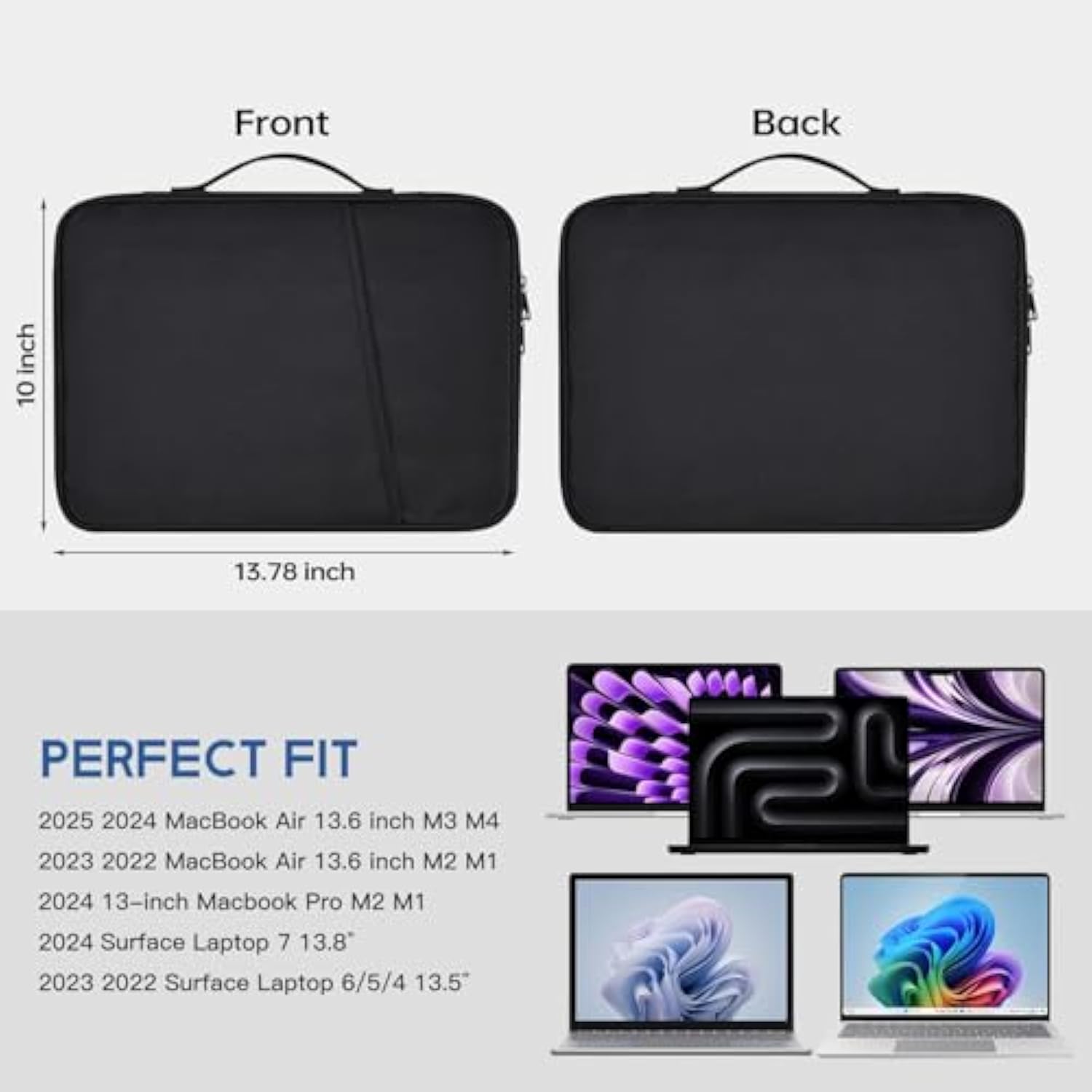 13 Inch Laptop Sleeve Case For 2025-2022 Macbook Air 13.6 Inch M4 M3 M2 Chip A3240 A3113 A2681 Water-Resistant Shockproof Handle Bag Cover W/Accessory Pocket -Black