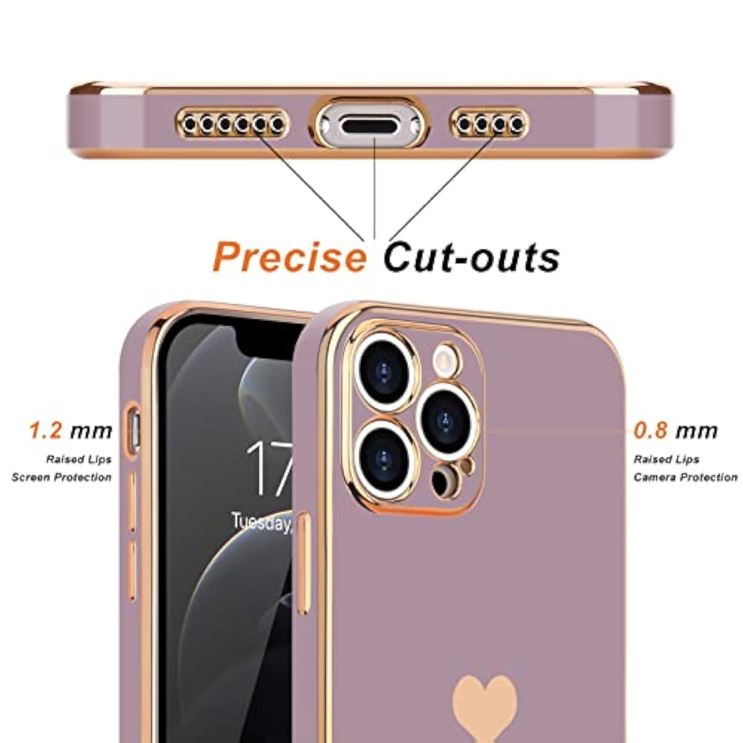 For Iphone 12 Pro Max Case For Women Girl, Cute Love-Heart Luxury Bling Plating Soft Back Cover, Raised Camera Protection Bumper, Silicone Shockproof Phone Case For Iphone 12 Pro Max, Lavender