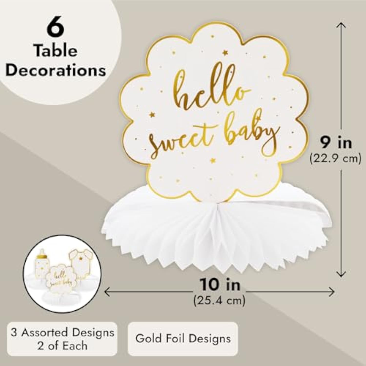 Baby Shower Decorations & Centerpieces - 12-Piece White & Gold Honeycomb Paper Set - Gender Neutral Table Toppers & Table Top Decor, 3 Designs