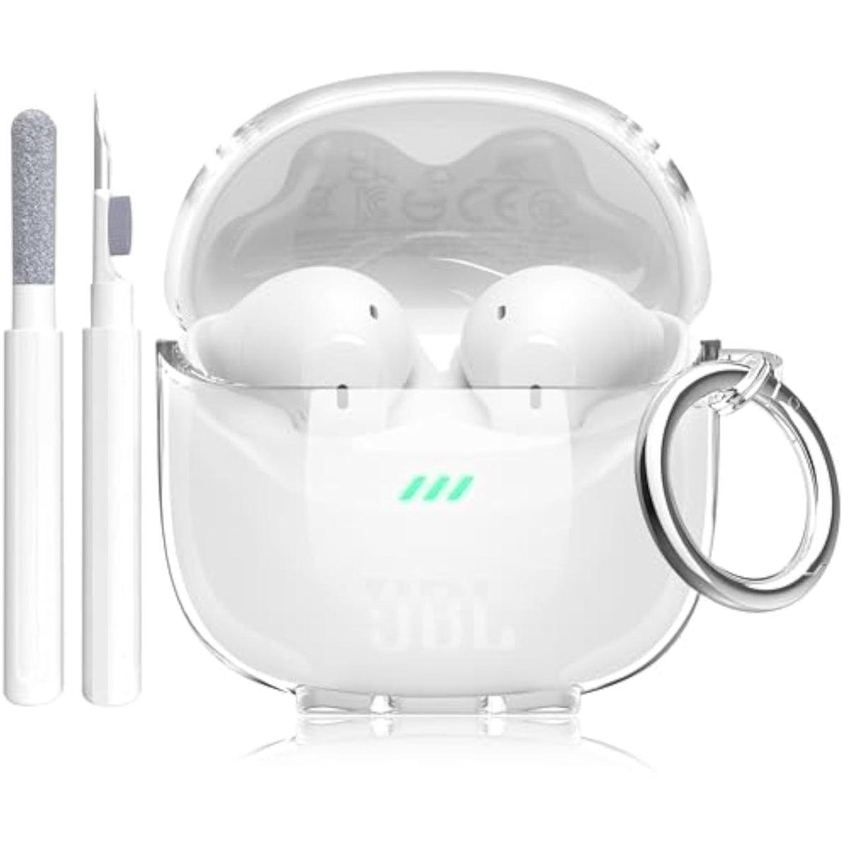 JBL Tune Flex 2 Earbuds Clear Case Protective TPU Skin with Carabiner and Cleaning Pen