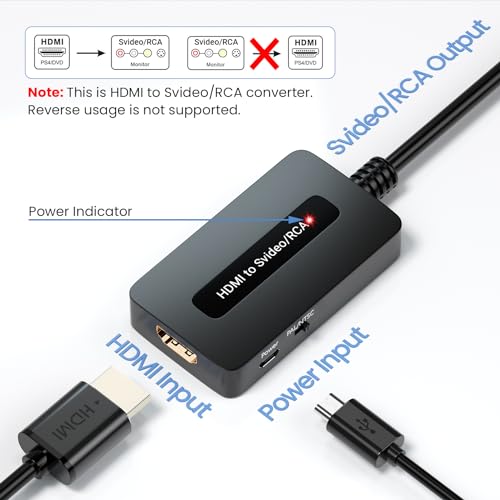 HDMI to S Video RCA Converter, 1080P HDMI to AV Composite S-Video 2 in 1 Converter for DVD/STB/PS3/PS4 to Display on Older TV with Svideo/RCA