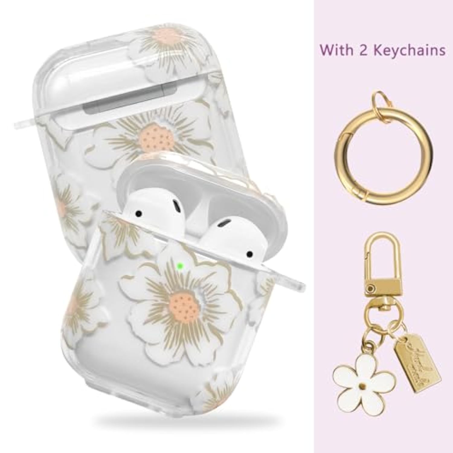 Compatible With Airpods Case Cover, Soft Tpu Case With Cute Flower Pattern For Airpods 2&1 Generation Case With Flower Keychain And Carabiner For Girls Women (White)