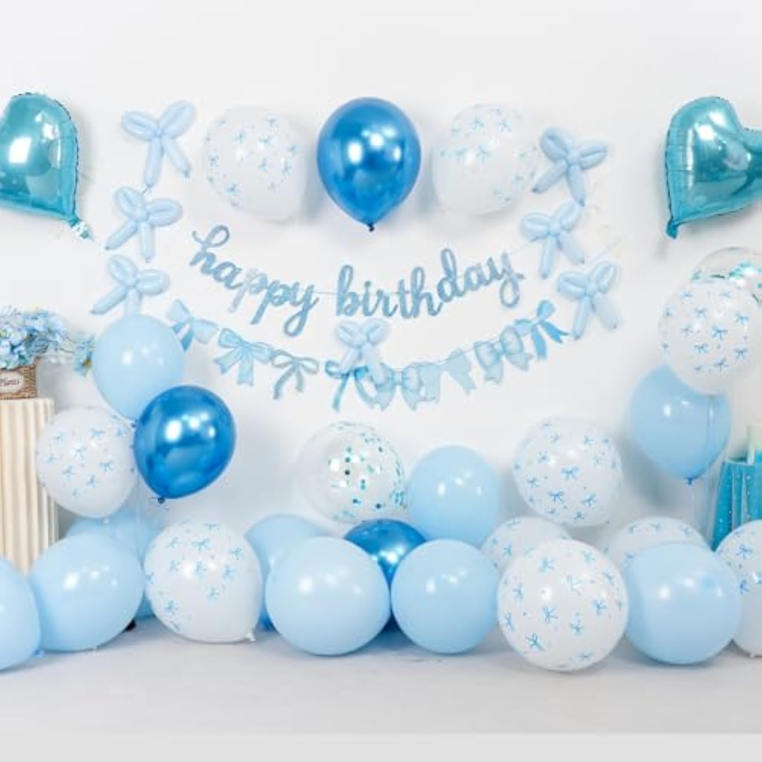 Blue Bow Birthday Decorations,Bow Coquette Party Decorations With Blue Happy Birthday Banner Bow Balloons Heart Foil Balloons For Girls Women Baby Shower Bow Theme Decor