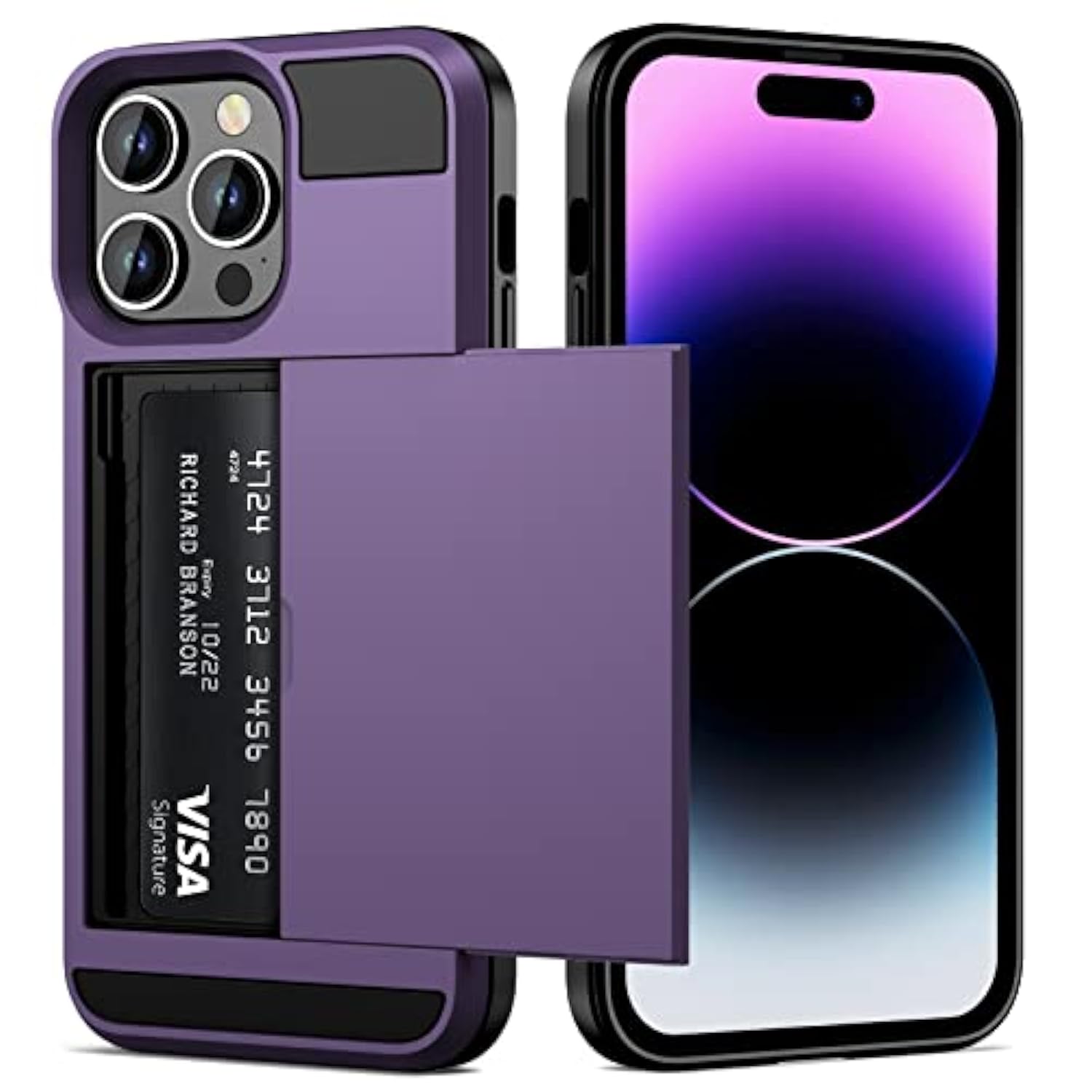 For Iphone 14 Pro Max Case Wallet Credit Card Holder Id Slot Sliding Door Hidden Pocket Men Women Anti-Scratch Dual Layer Hybrid Bumper Armor Protective Shell Back Cover Greypurple 6.7 Inch