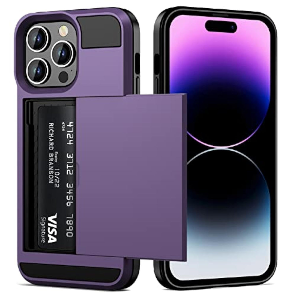 For Iphone 14 Pro Max Case Wallet Credit Card Holder Id Slot Sliding Door Hidden Pocket Men Women Anti-Scratch Dual Layer Hybrid Bumper Armor Protective Shell Back Cover Greypurple 6.7 Inch