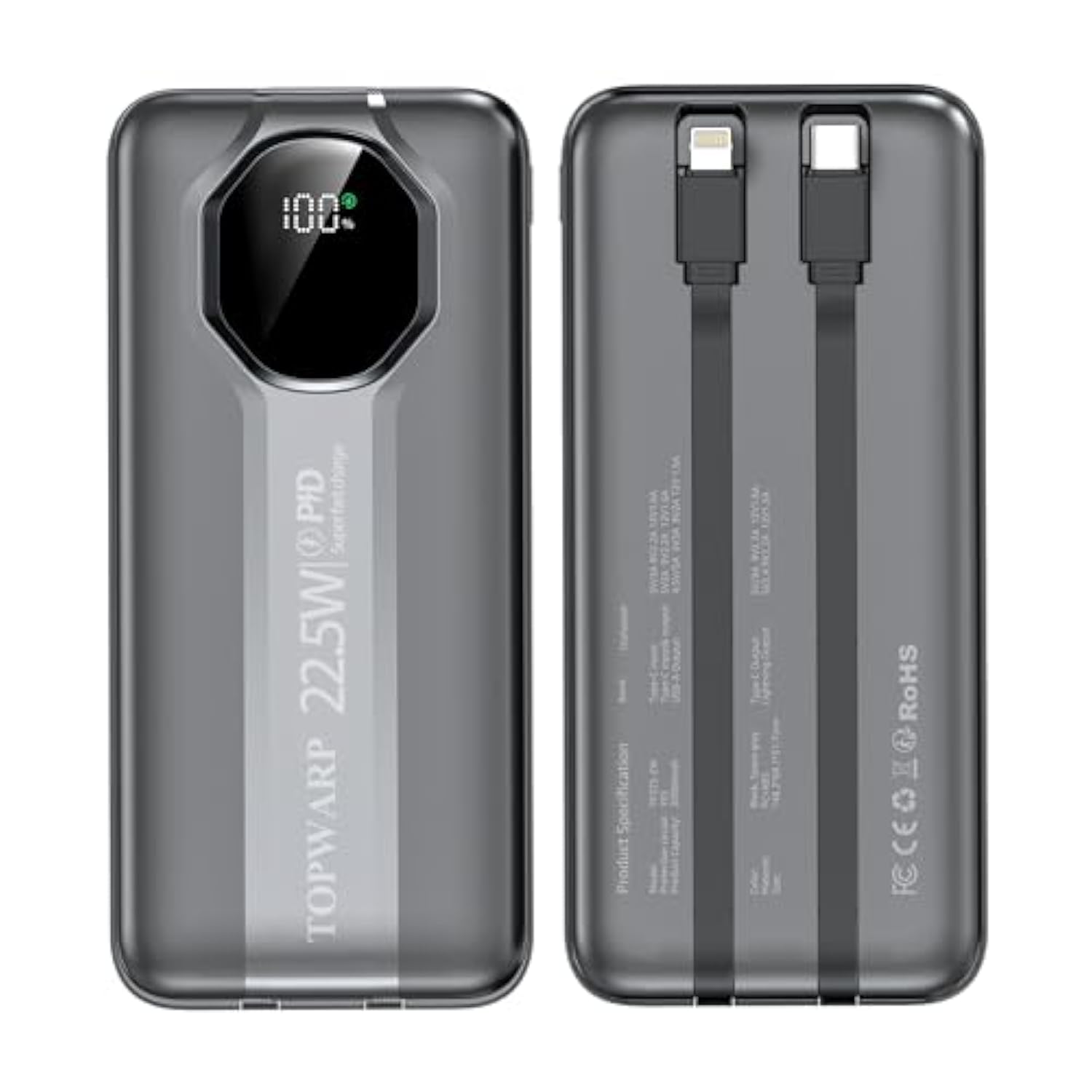Power Bank, 20000Mha Pd 22.5W Portable Charger With 4 Built-In Output Channels 2 Output Cables,Qc3.0 Fast Charging Power Bank, For Iphone And Android Phones Most Electronic Devices Space Grey