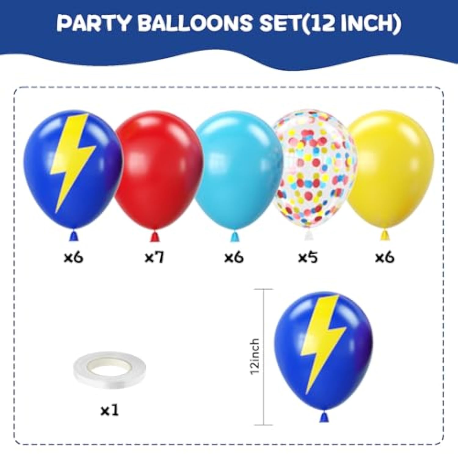 Red, Blue & Yellow 12" Balloons Lightning Print & Confetti Party Decor