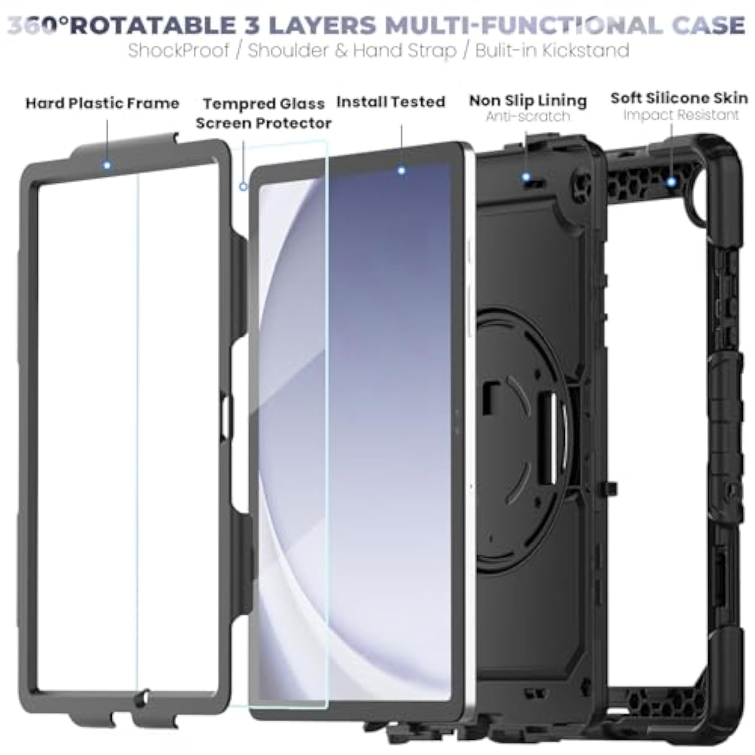 Bundle Of Case For Samsung Galaxy Tab A9 Plus 11 Inch 2023 With Tempered Glass Screen Protector Pencil Holder, Galaxy A9+ Plus Tablet Case With Shoulder Strap Hand Strap&Stand,Black