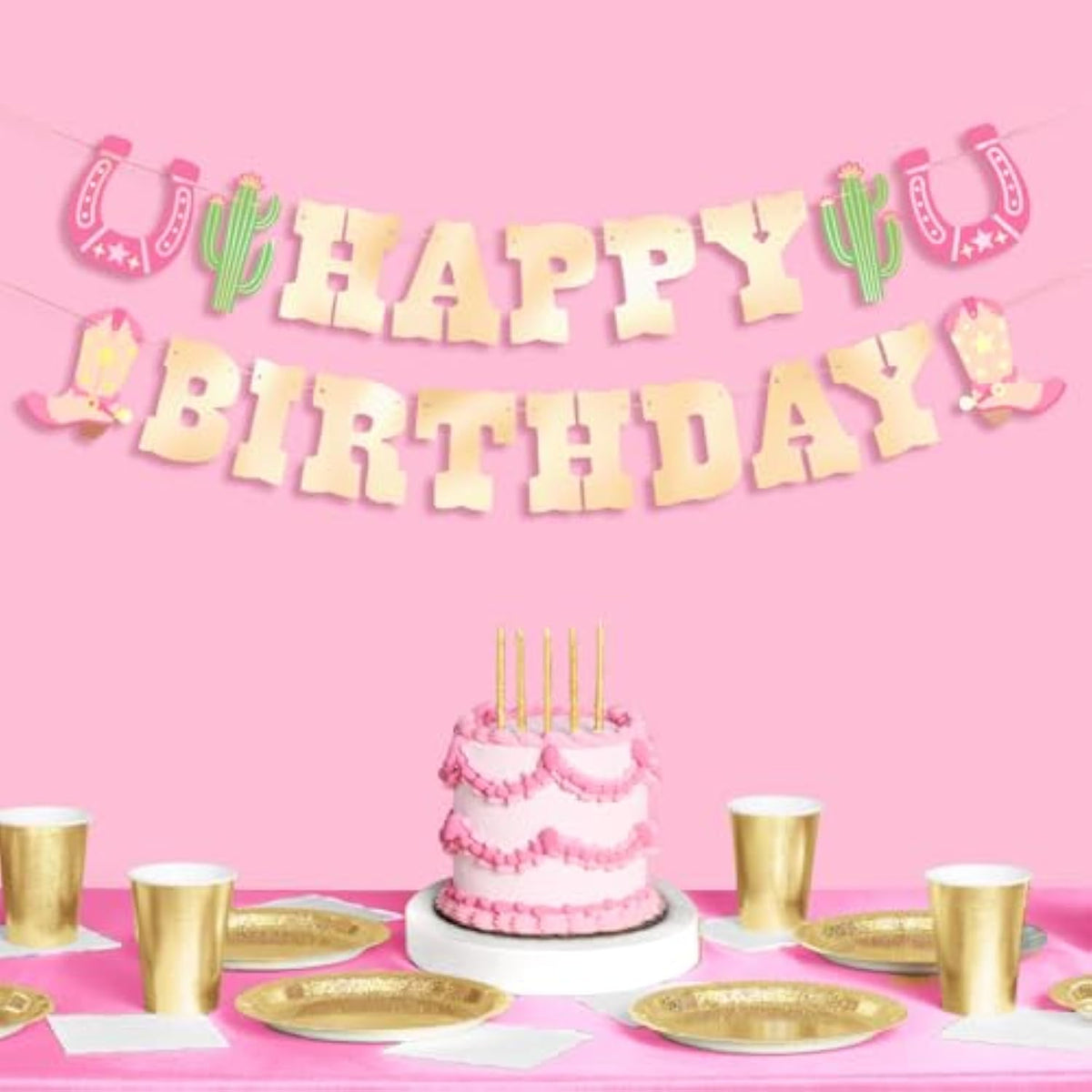 Western "Happy Birthday" gold foil banner, 4.5ft, for cowgirl and rodeo-themed parties