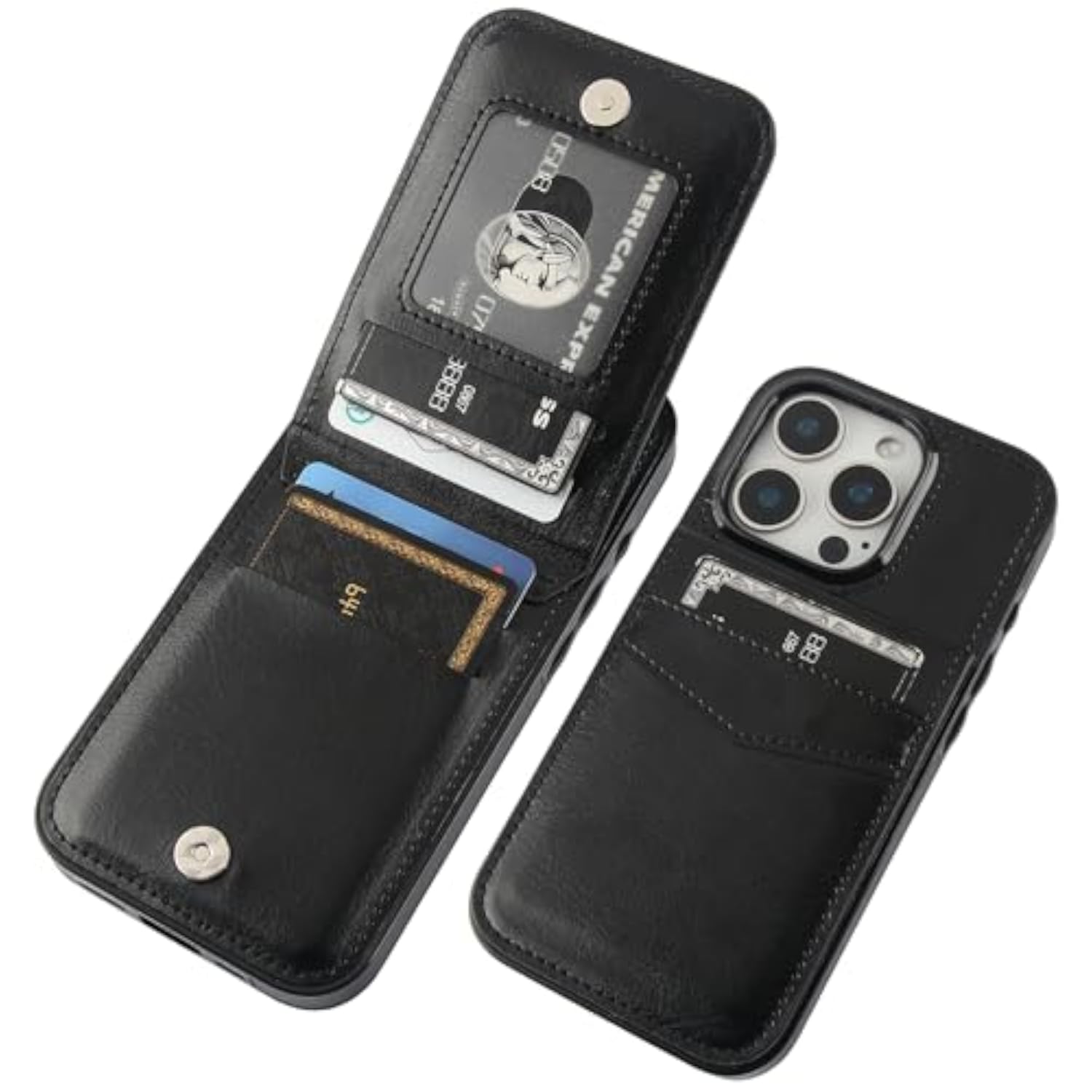 iPhone 16 Pro Wallet Case with Card Holder and Kickstand, Black