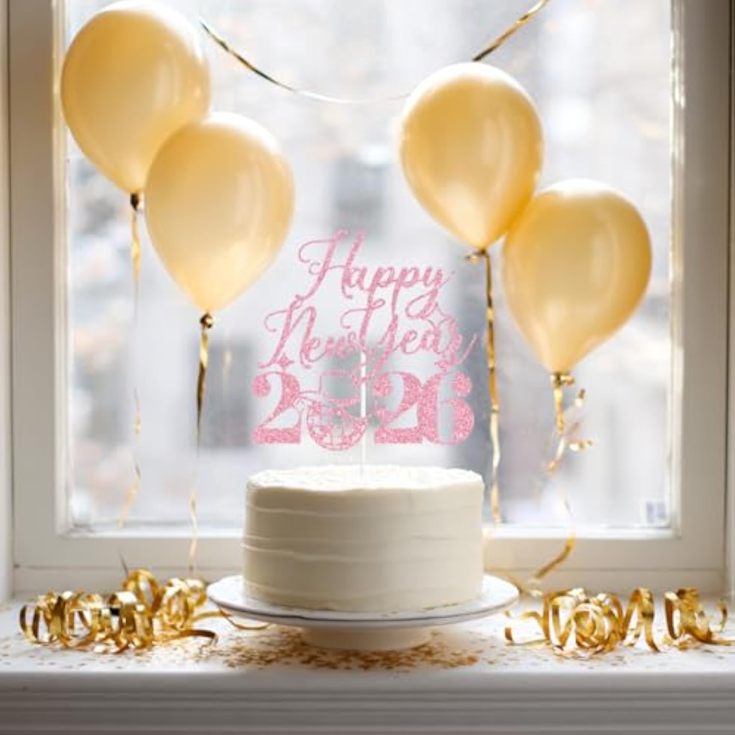 Pink Glitter Happy New Year 2026 Cake Topper Party Decor
