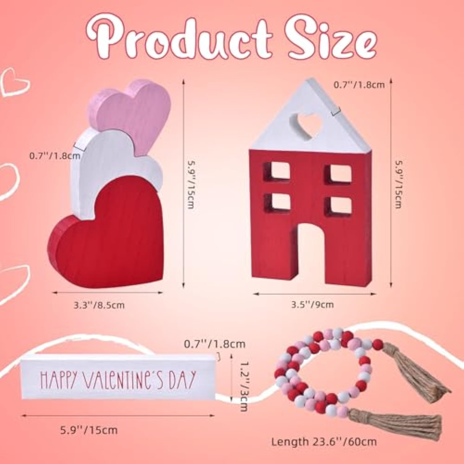 6-Piece Wooden Valentine'S Day Decor Set: Heart & House Table Decorations With Wood Bead Garland, Happy Valentine'S Day Decor For The Home Mantels (White, Pink, Red)