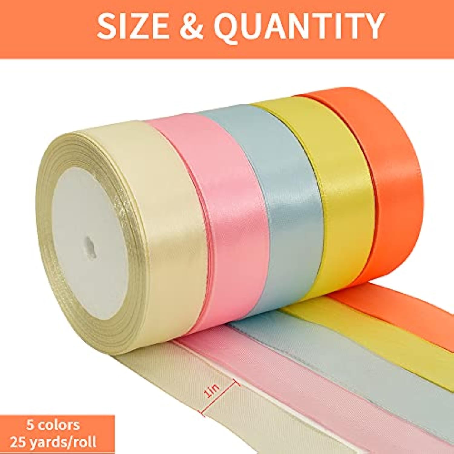 1 Inch X 125 Yards 5 Colors Satin Ribbon Rolls, Light Rainbow Candy Ma