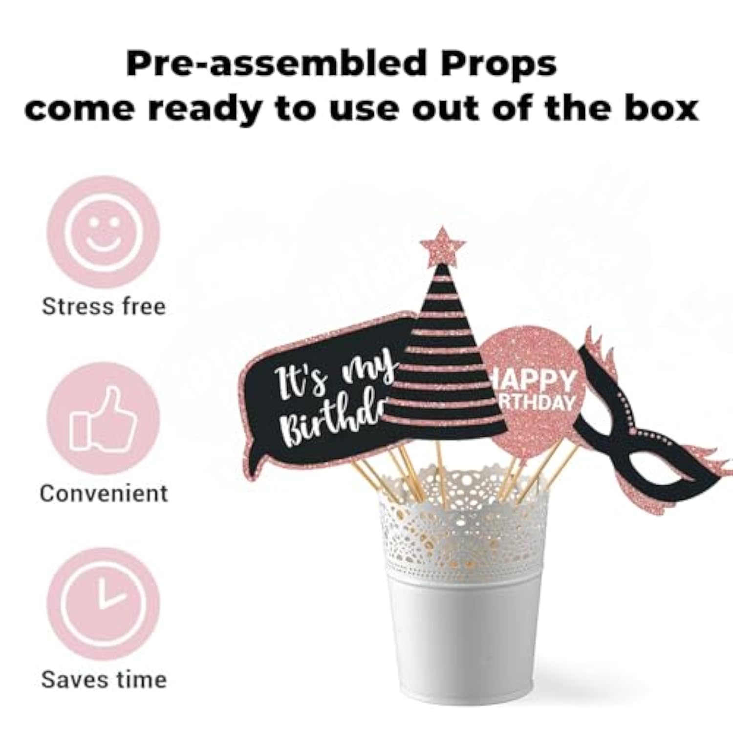 Party Birthday Photo Booth Props, 30Pcs Set Of Happy Birthday Selfie Party Supplies With Real Glitter Cute Bday Designs For Women Or Girls,Easy To Assemble(Rose Gold)