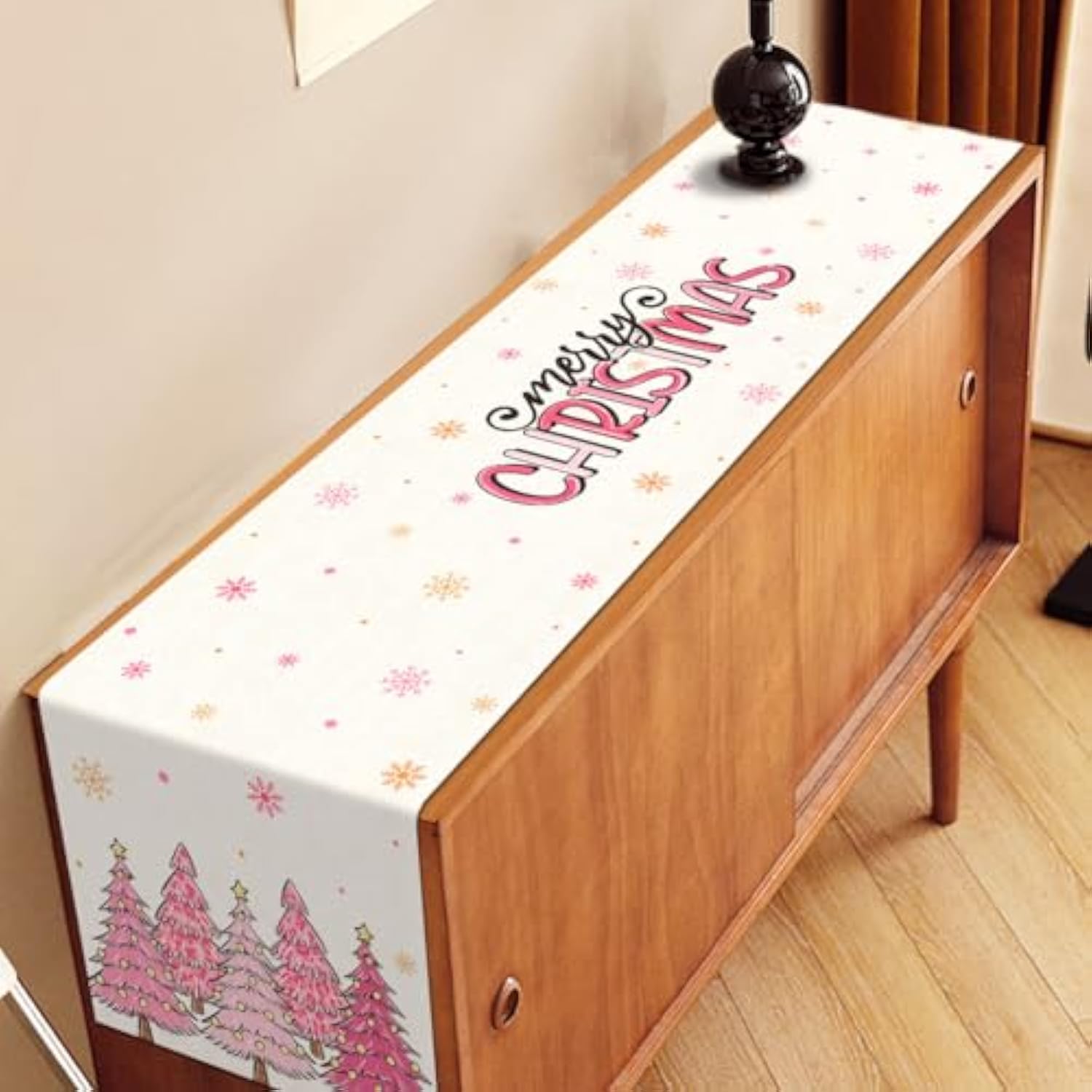 Pink Christmas Table Runner Merry Xmas Tree Winter Holiday Party Decoration Seasonal Home Kitchen Dining Room Island Decor (13" X 72")