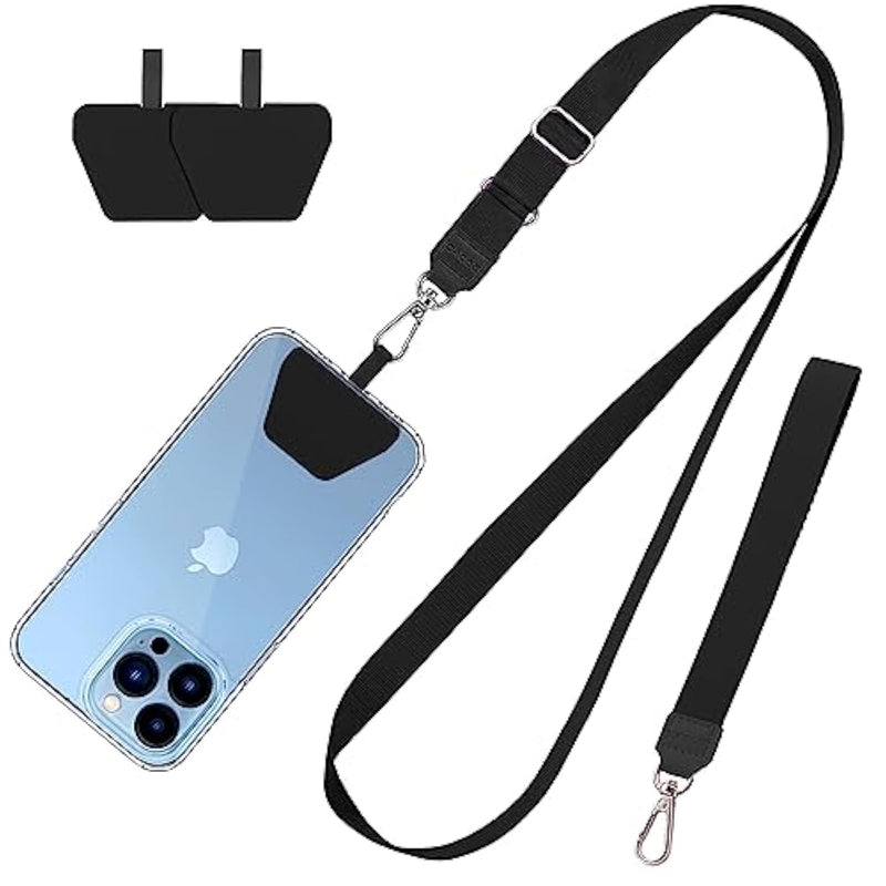Phone Lanyard 2 Pcs-1 Pcs Adjustable Neck Strap,1 Pcs Wrist Strap,2 Pads,Universal Crossbody Multifuctional Cell Phone Lanyards Compatible With Most Smartphones(Black)