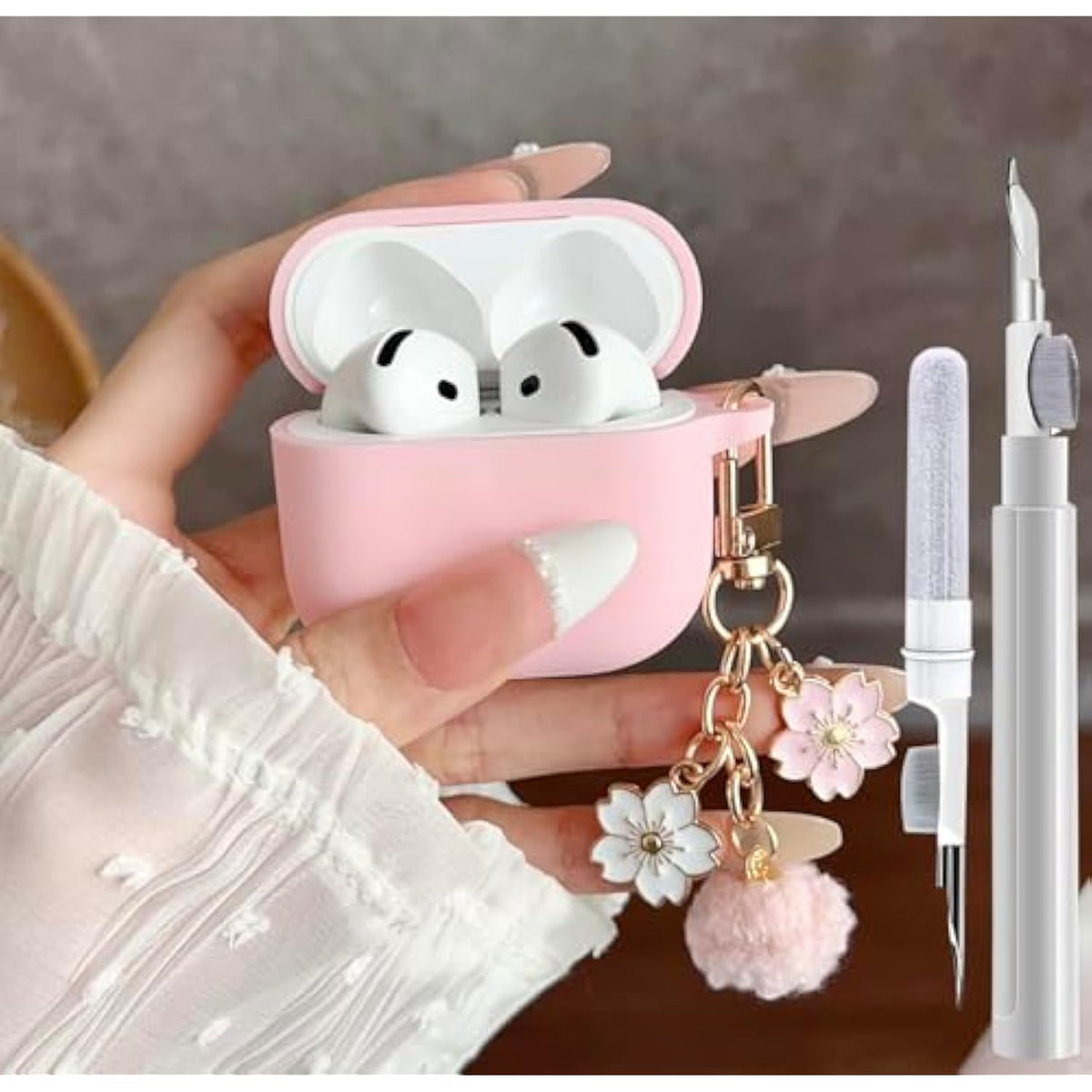 Cute Pink Case For Airpods 4 Cover For Girl Women With Pom Pom Flower Keychain & Cleaner Kit, Soft Silicone Airpods Ipod 4 Gen Protective Cover Skin For Airpod 4 Pink