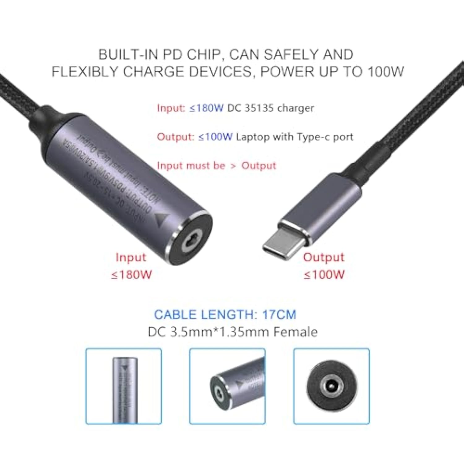 Pd 100W Dc 3.5Mm X 1.35Mm Female Input To Usb Type C Male Power Charging Cable, Dc35135 To Type C Extension Cable With Pd Automatic Identification Chip,For Phones,Tablets,Laptops