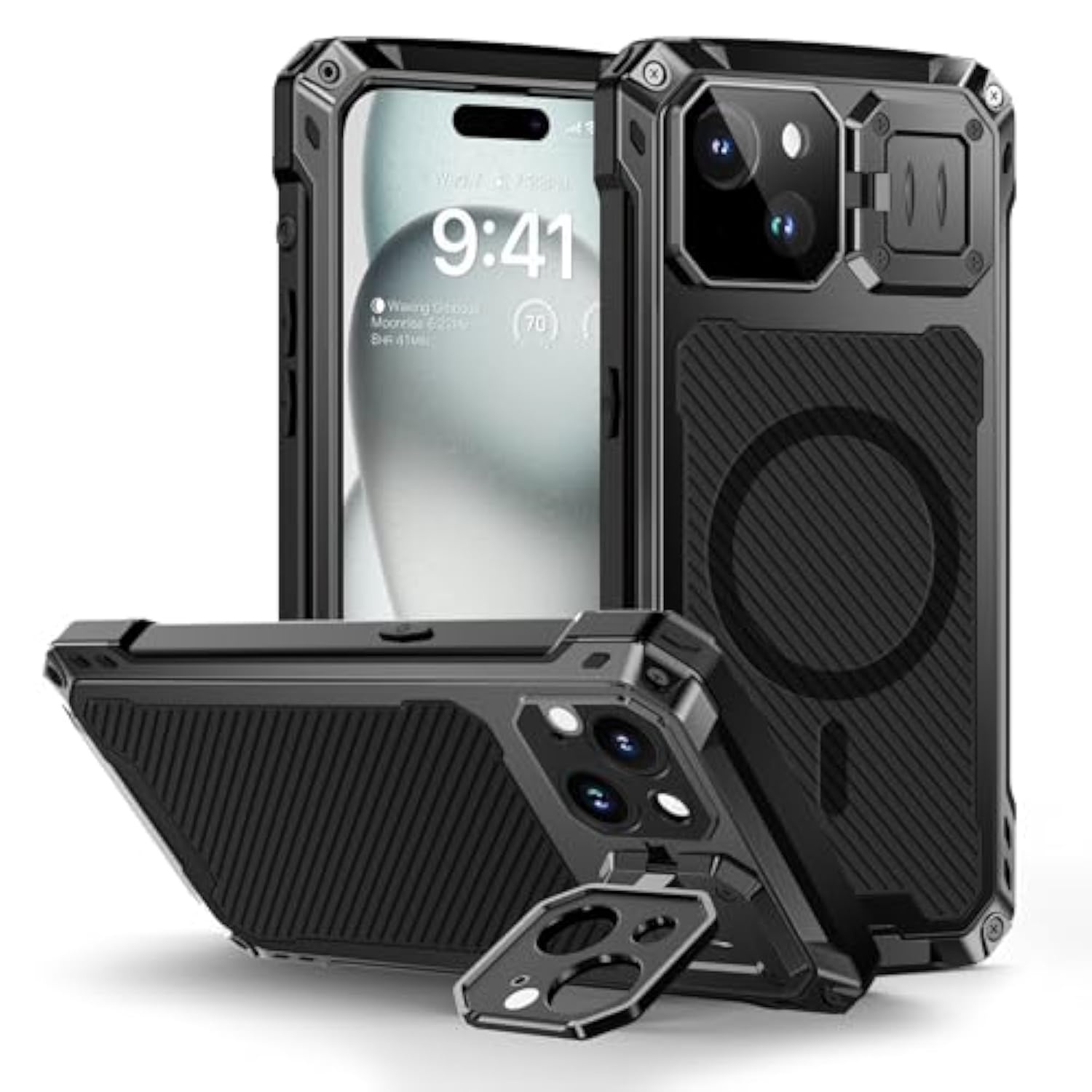 For Iphone 15 Metal Case, [Built-In Camera Kickstand & Glass Screen Protector] Heavy Duty Protective Rugged Full Body Military Grade Aluminum Magnetic Cover For Iphone 15 6.1" (Black)