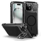 For Iphone 15 Metal Case, [Built-In Camera Kickstand & Glass Screen Protector] Heavy Duty Protective Rugged Full Body Military Grade Aluminum Magnetic Cover For Iphone 15 6.1" (Black)