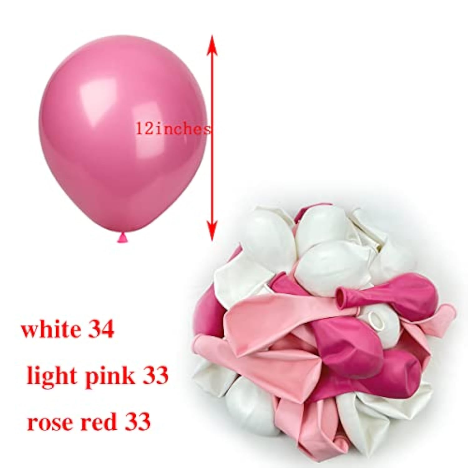 White Light Pink Rose Red Balloons,100 Pack 12 Inch Latex Balloons