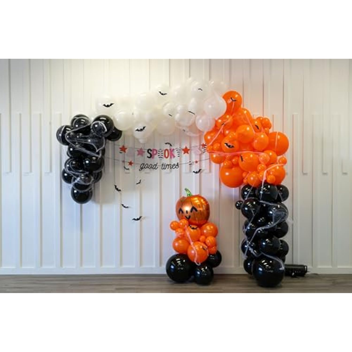 Halloween Balloon Garland Kit 80 Pcs - 5/10/12/18 Inch Orange And Black White Balloon Arch With 1 Pumpkin Foil Balloon, Pvc Bats & Spider Web For Halloween Party Decorations
